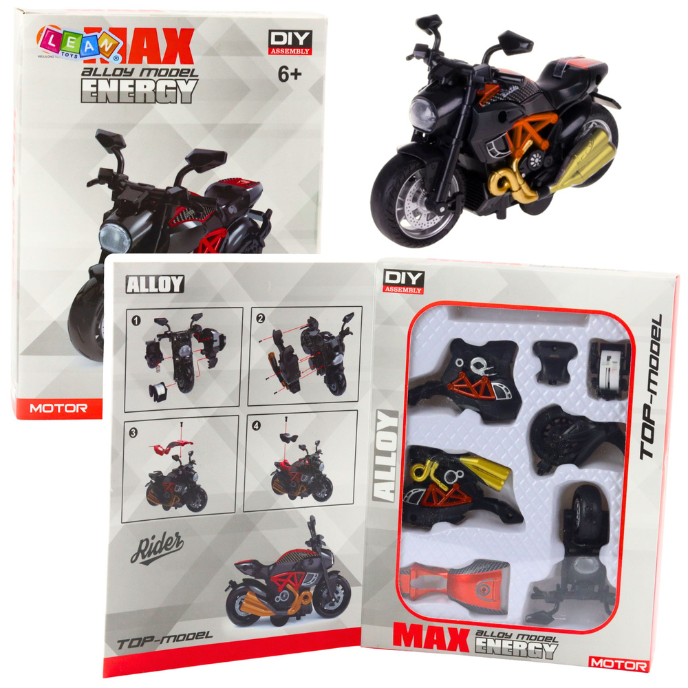 Motociklo modelis 1:14 surinkimui, juoda ir oranžinė spalvos