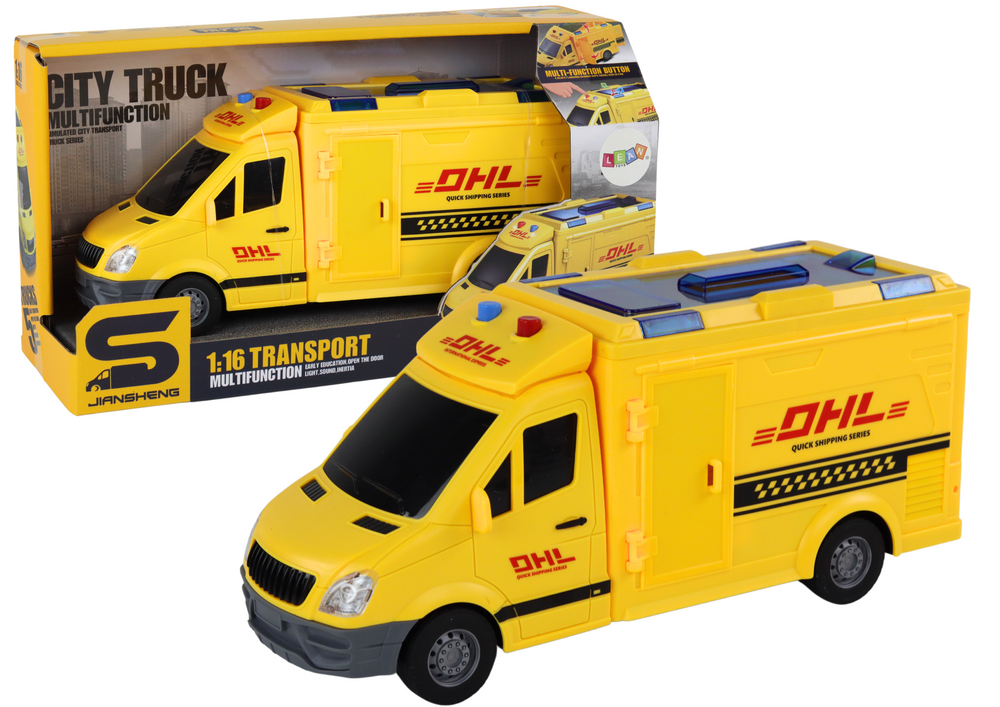 Geltonas pristatymo automobilis 1:16 su šviesomis ir garsais