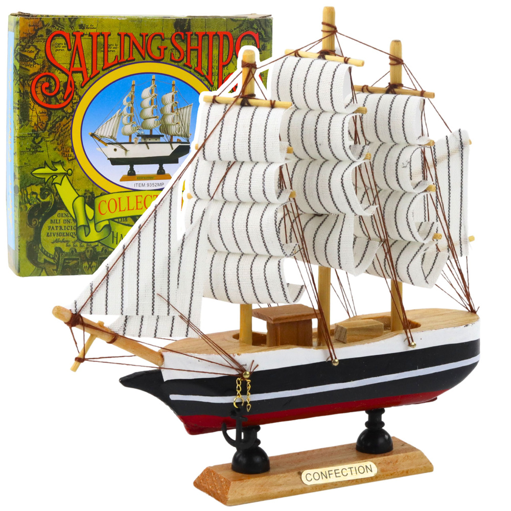 Dekoratyvinis trijų stiebų burlaivio modelis 21x21 cm juoda ir balta