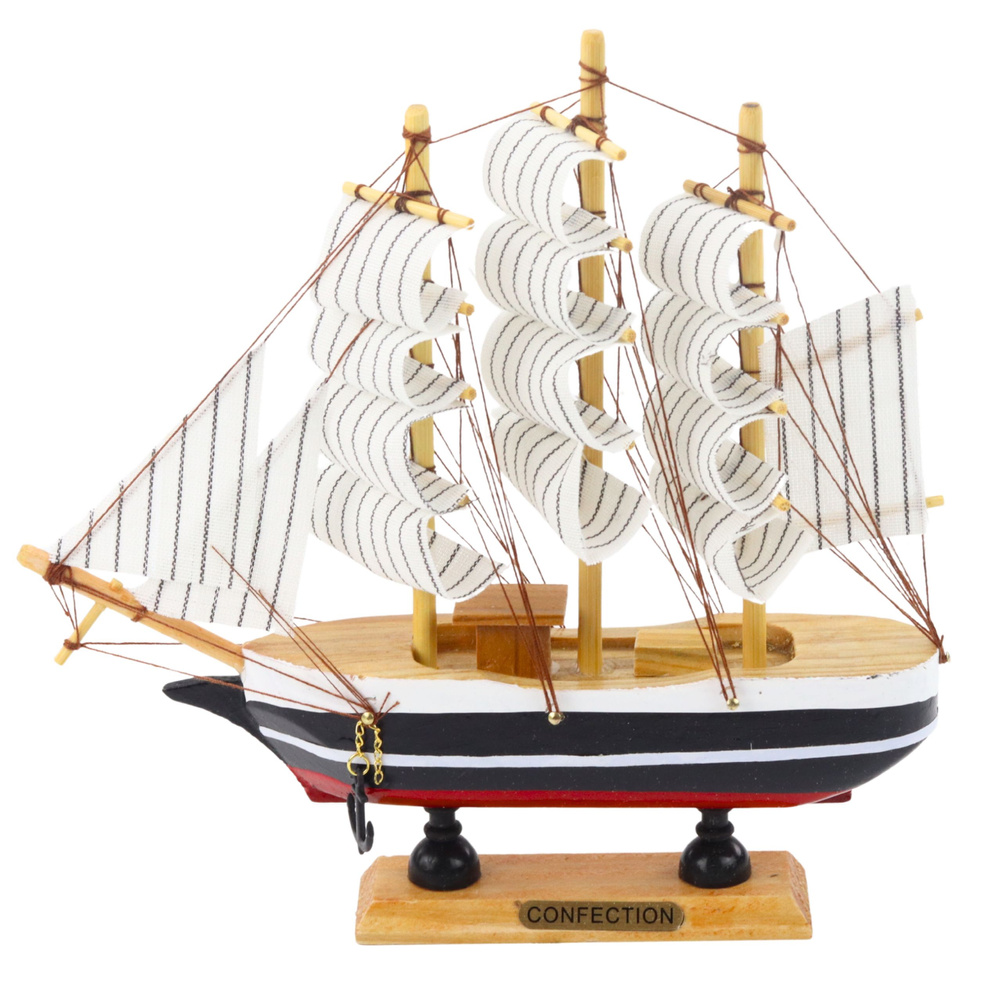 Dekoratyvinis trijų stiebų burlaivio modelis 21x21 cm juoda ir balta