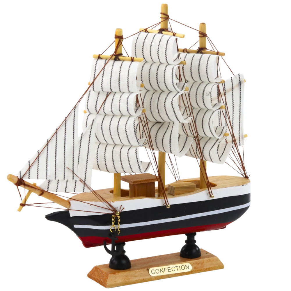 Dekoratyvinis trijų stiebų burlaivio modelis 21x21 cm juoda ir balta