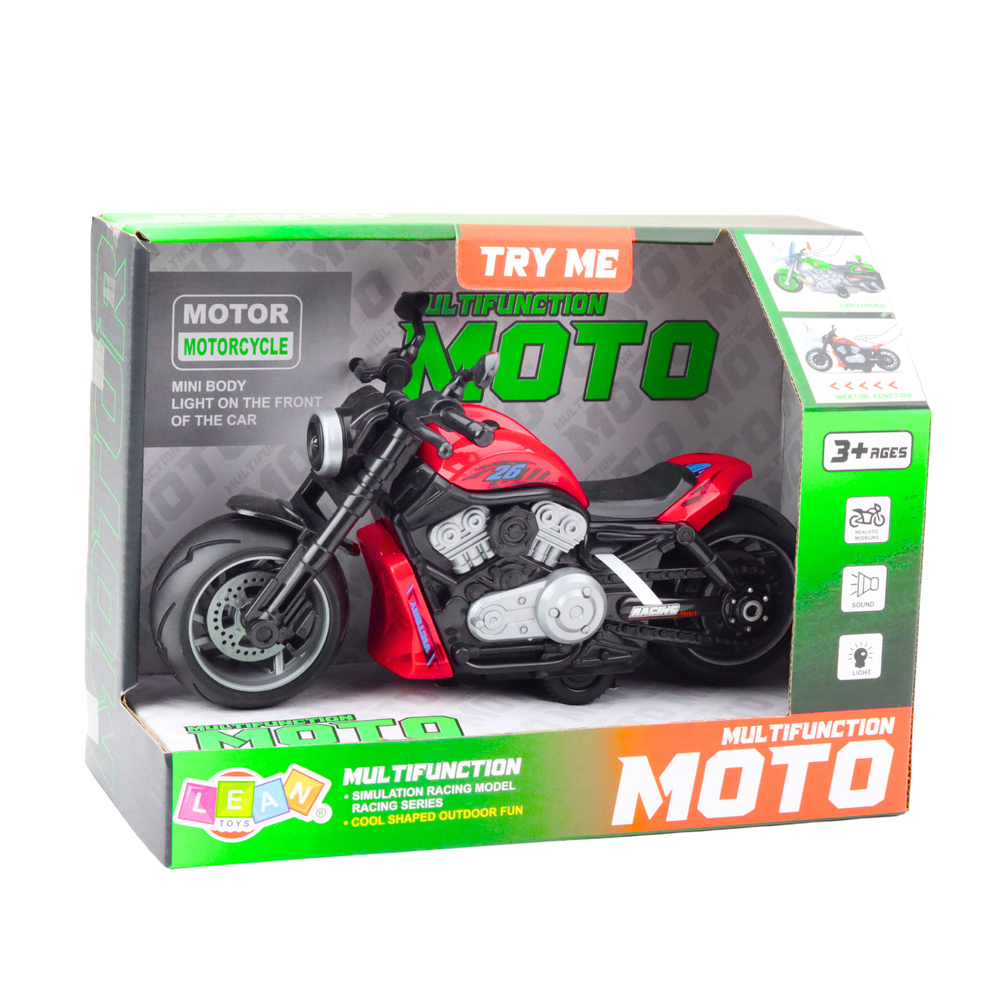 Žaislinis motociklas su šviesos ir garso efektais, raudonas