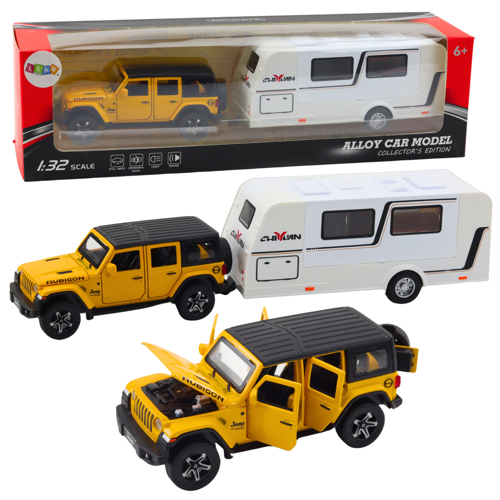 Bekelės automobilis su kemperiu geltonas 1:32 – metalinis modelis su šviesomis ir garsais