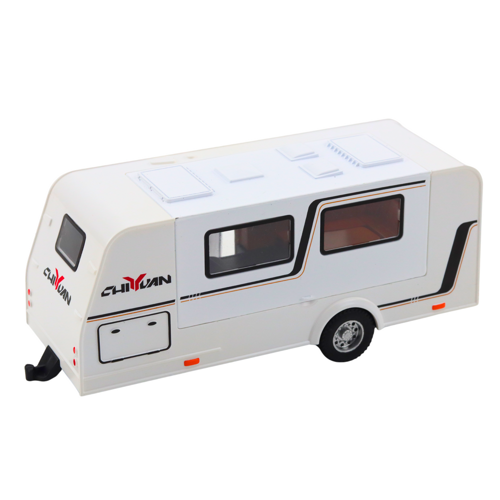 Bekelės automobilis su kemperiu geltonas 1:32 – metalinis modelis su šviesomis ir garsais