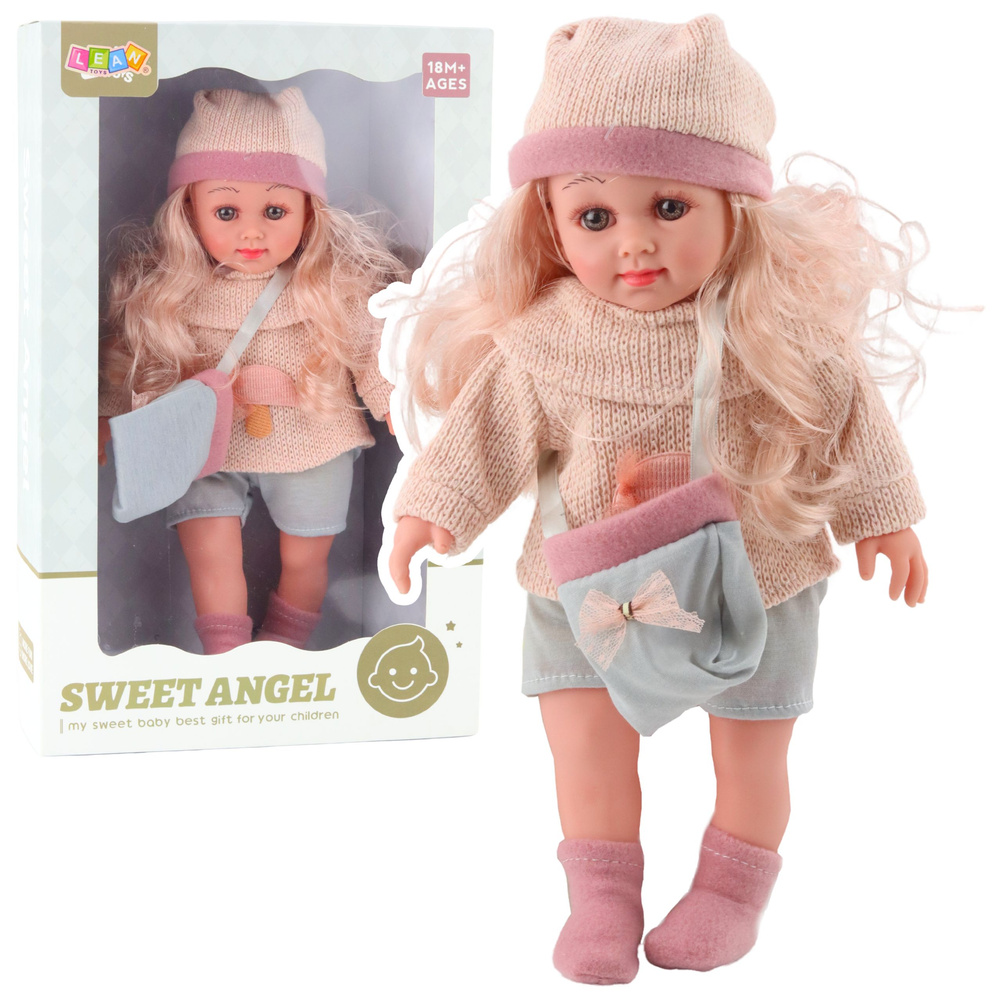 Lėlė sweet angel su vilnoniu megztiniu, krepšiu ir kepure, 36 cm
