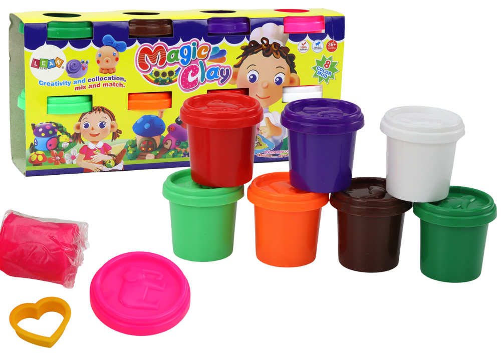 Plastilino rinkinys puodeliuose, 8 spalvos su formelėmis