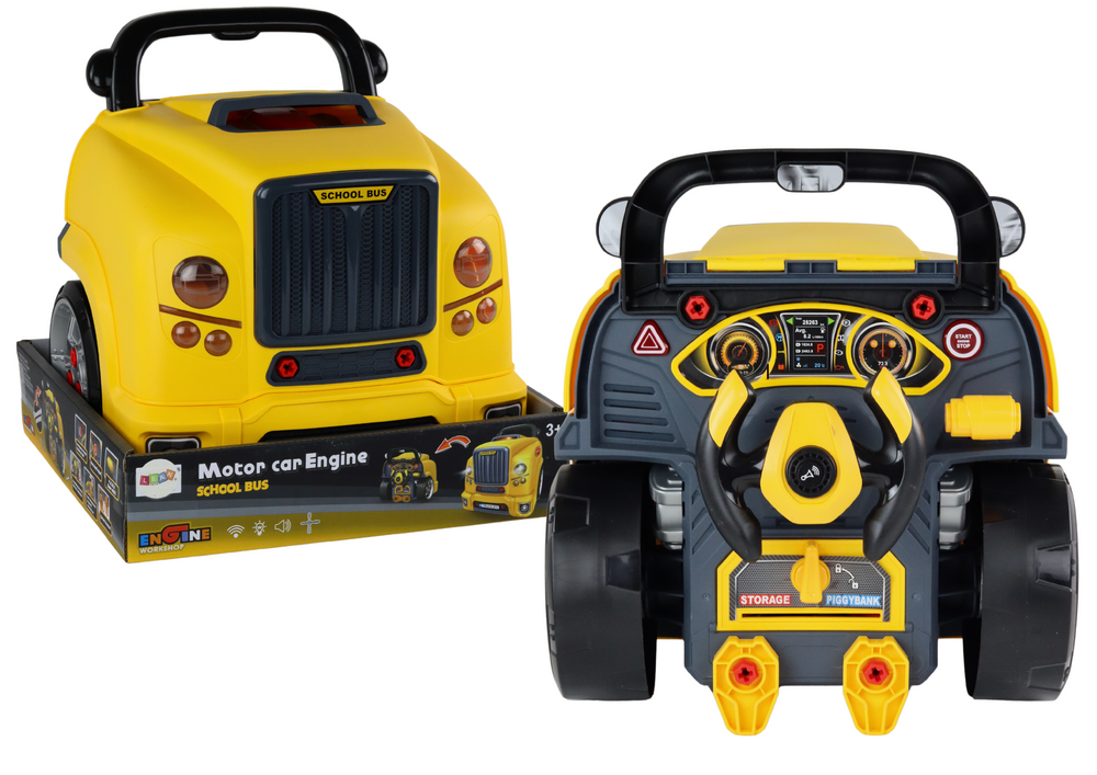 Žaislinio autobuso variklio remonto dirbtuvės pasidaryk pats lean toys, geltonas