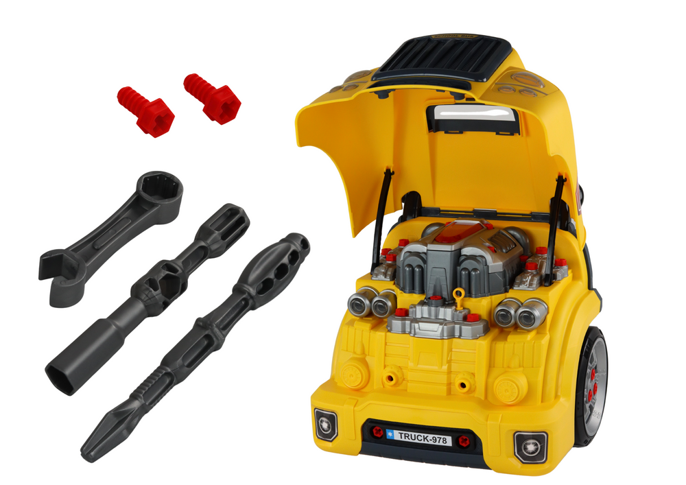 Žaislinio autobuso variklio remonto dirbtuvės pasidaryk pats lean toys, geltonas
