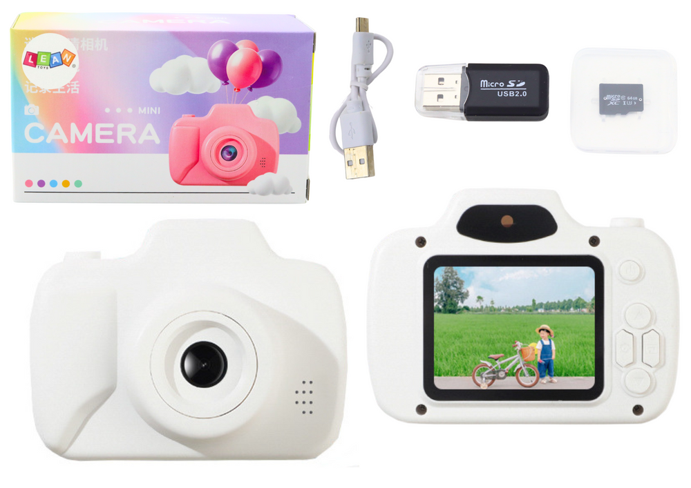 Vaikiškas fotoaparatas su žaidimais ir 64gb atminties kortele, baltas