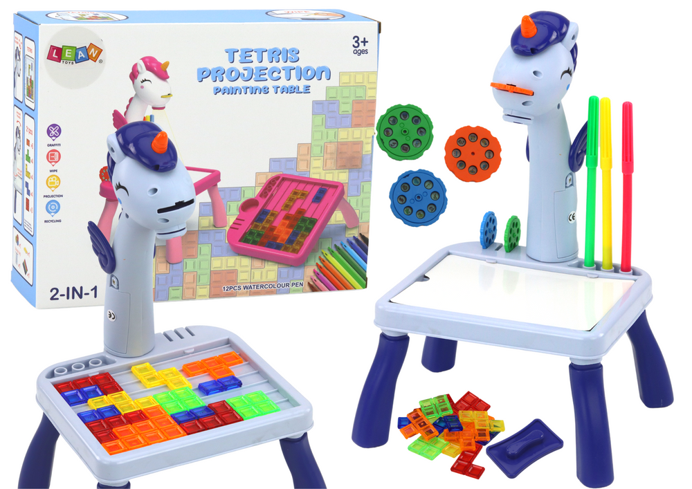 Mini projektorius su tetris piešimo stalu 2in1 mėlynas vienaragis