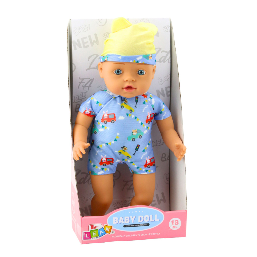 Lėlė kūdikis su mėlynais drabužiais ir kepure, 31 cm