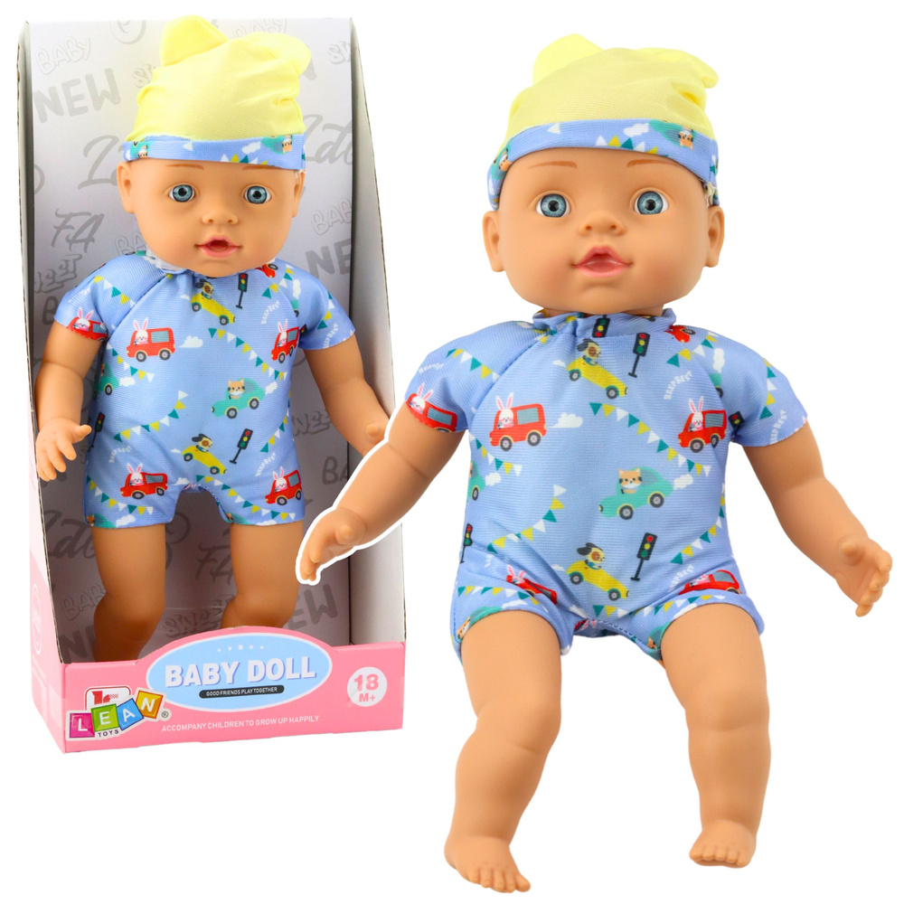 Lėlė kūdikis su mėlynais drabužiais ir kepure, 31 cm