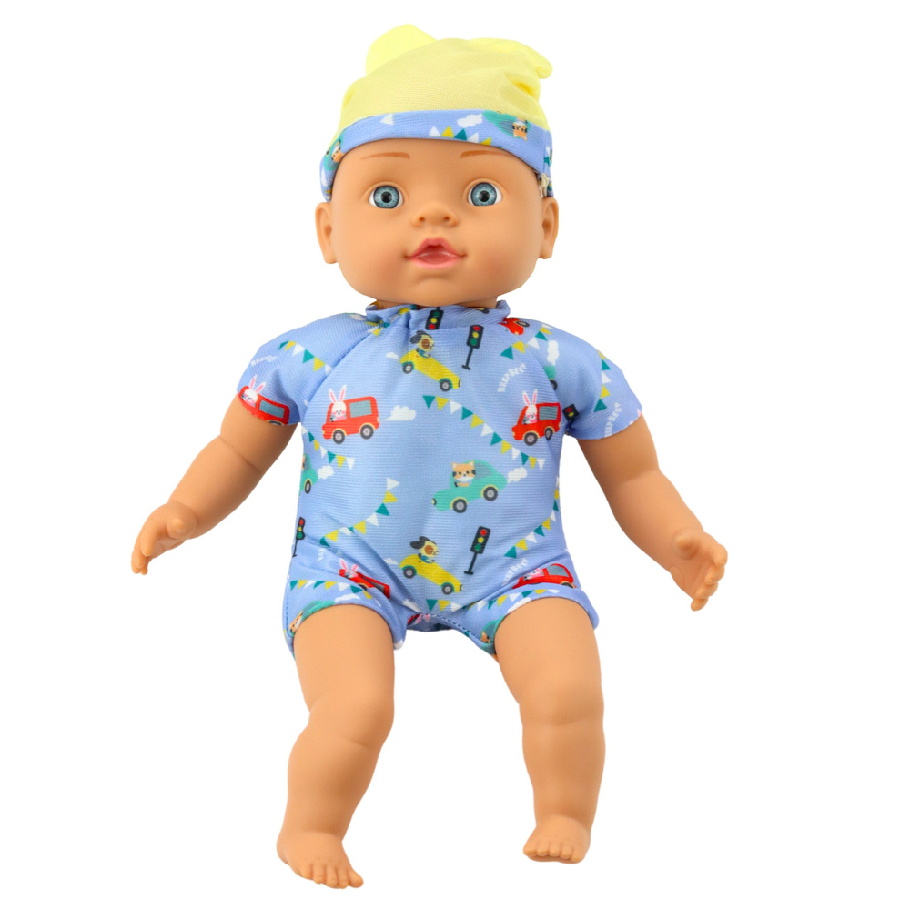 Lėlė kūdikis su mėlynais drabužiais ir kepure, 31 cm