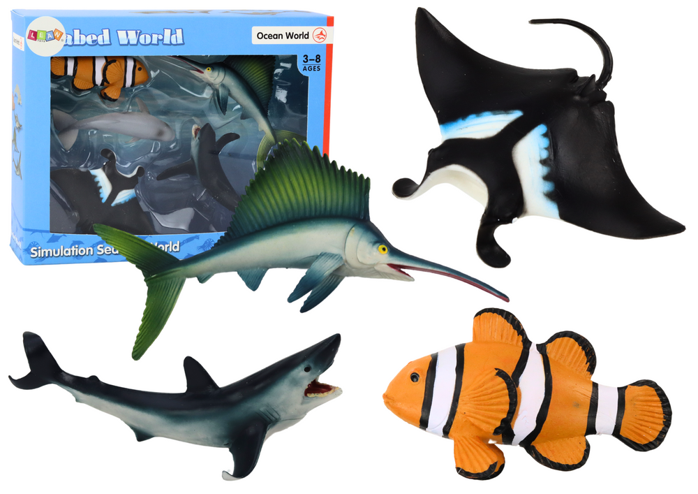 Jūros gyvūnų figūrėlių rinkinys: ryklys, delfinas, rajus, 5 vnt.