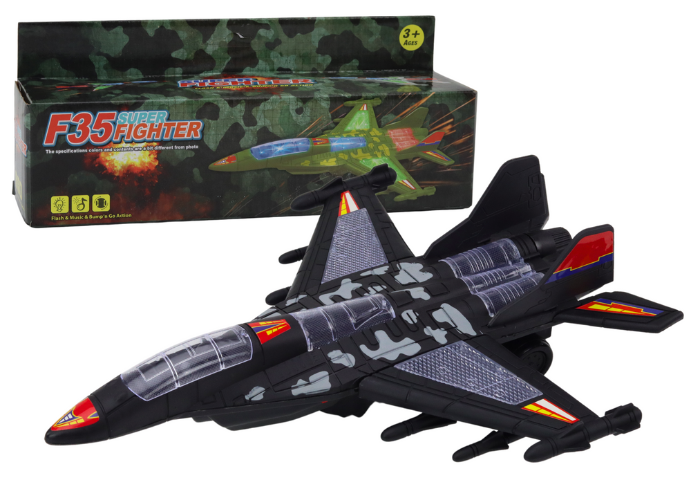 Juodas f35 karinis lėktuvas su šviesomis ir garsais