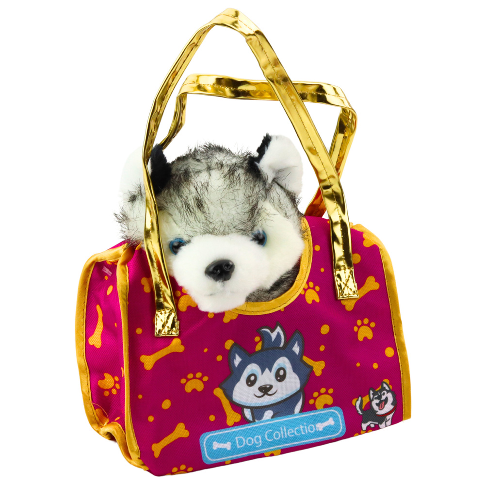 Pliušinis šuo husky maišelyje