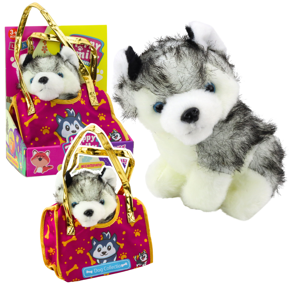 Pliušinis šuo husky maišelyje