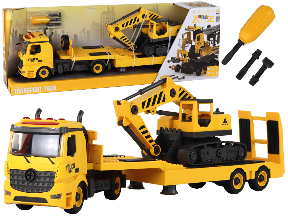 Žaislinis ardomas statybinio transporto transportavimo vilkikas su priedais lean toys, geltonas, 59x13,5x10,5 cm