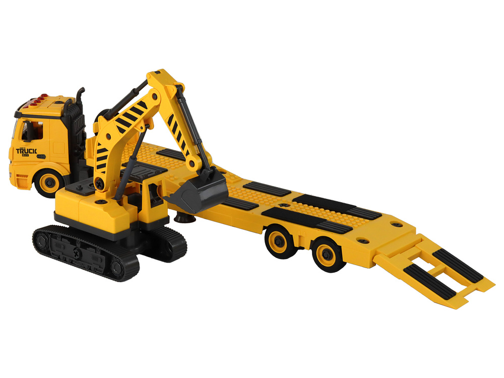 Žaislinis ardomas statybinio transporto transportavimo vilkikas su priedais lean toys, geltonas, 59x13,5x10,5 cm