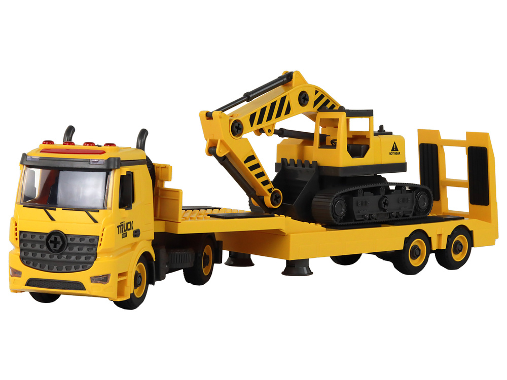 Žaislinis ardomas statybinio transporto transportavimo vilkikas su priedais lean toys, geltonas, 59x13,5x10,5 cm