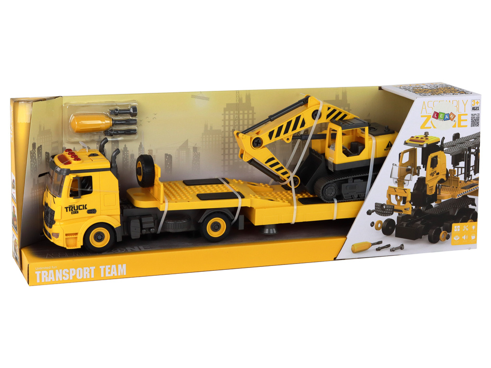 Žaislinis ardomas statybinio transporto transportavimo vilkikas su priedais lean toys, geltonas, 59x13,5x10,5 cm