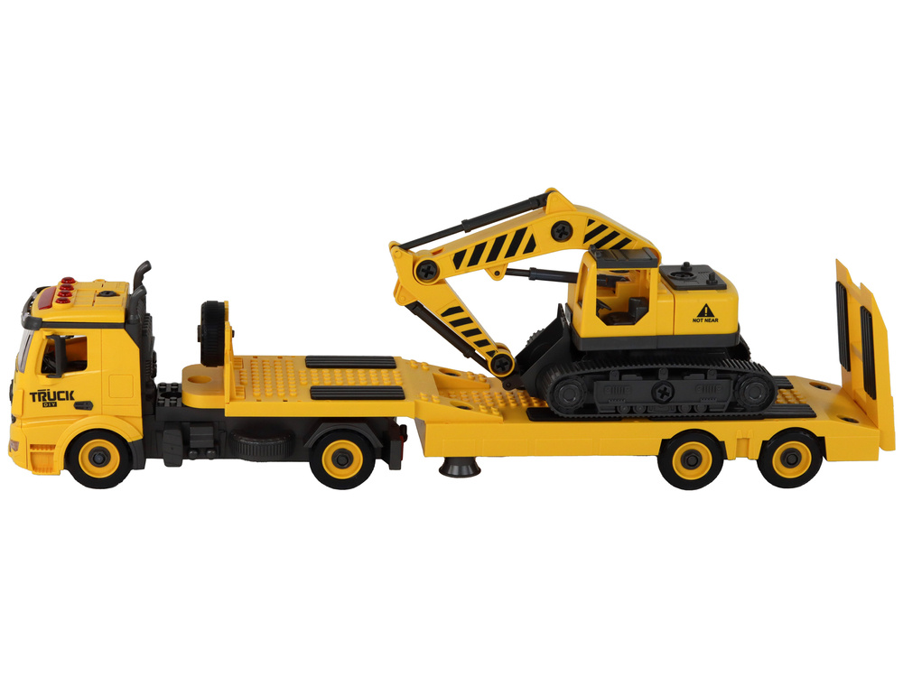 Žaislinis ardomas statybinio transporto transportavimo vilkikas su priedais lean toys, geltonas, 59x13,5x10,5 cm