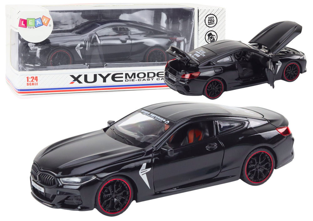 Juodas metalinis sportinis automobilis su trinties pavara, atidaromais elementais, mastelis 1:24