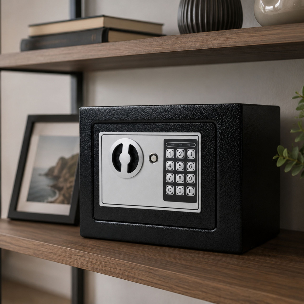 Elektroninis seifas su PIN kodu, 6 l, juodas, 22,5 × 17 × 16 cm 3