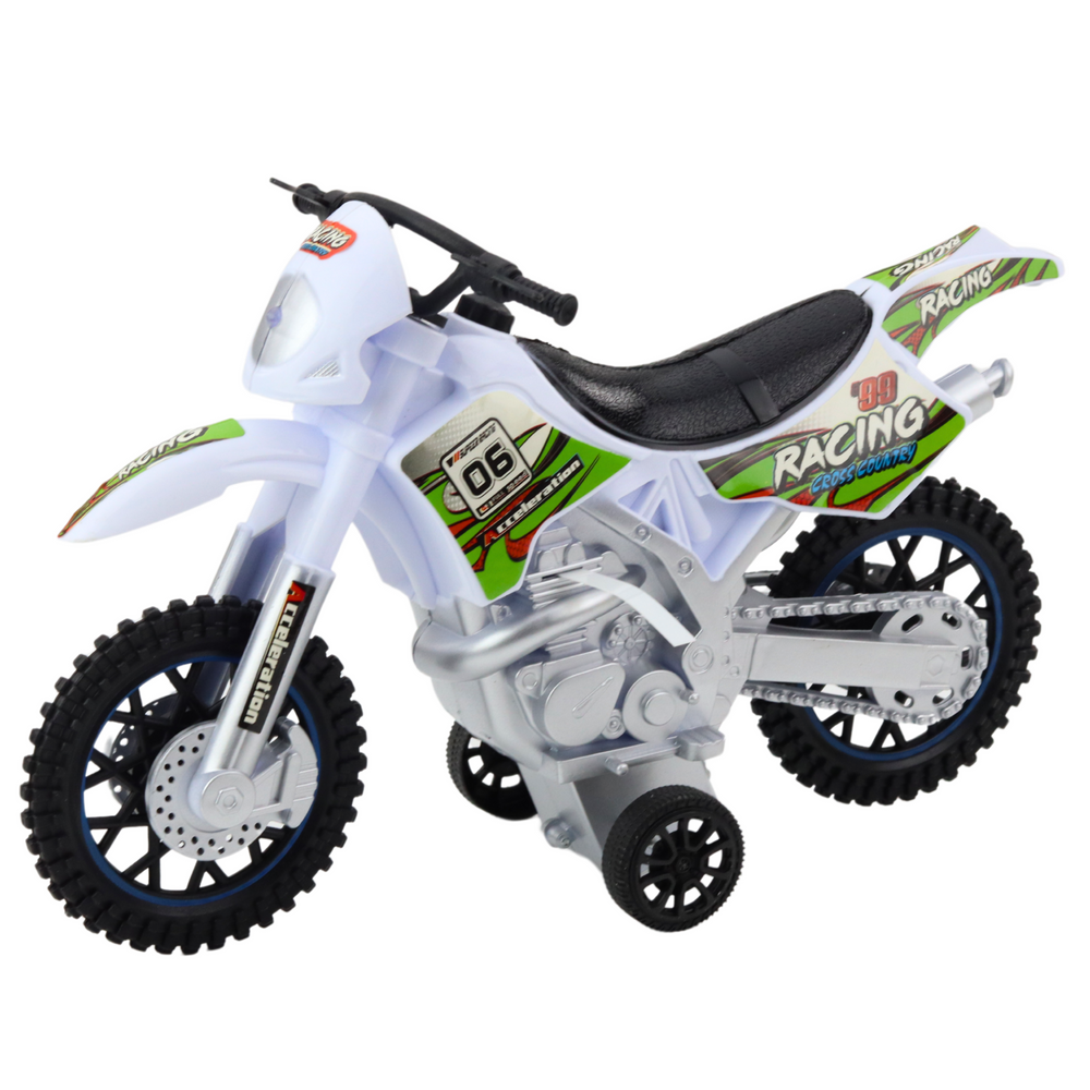 Žaislinis motokrosinis motociklas su šviesos ir garso efektais, baltas