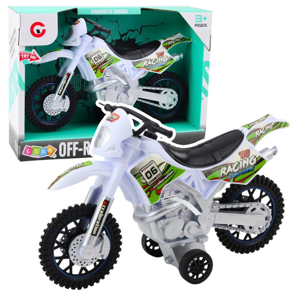 Žaislinis motokrosinis motociklas su šviesos ir garso efektais, baltas