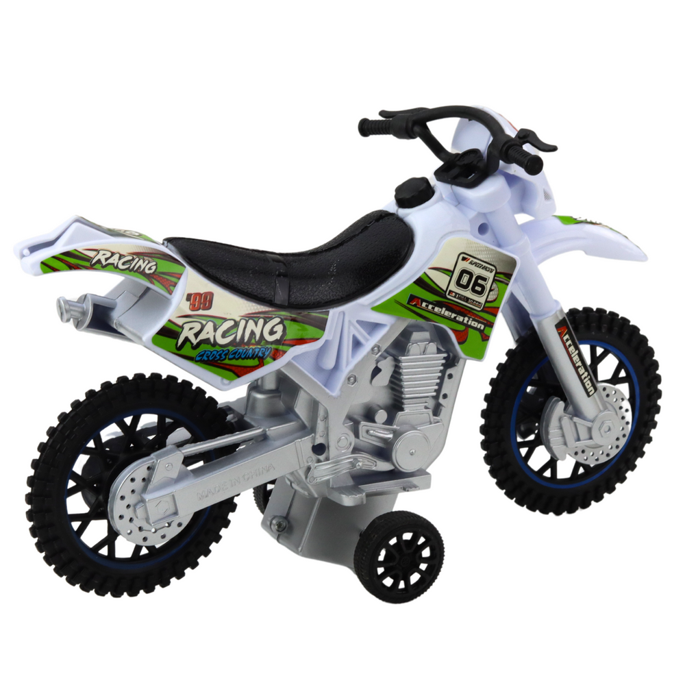 Žaislinis motokrosinis motociklas su šviesos ir garso efektais, baltas