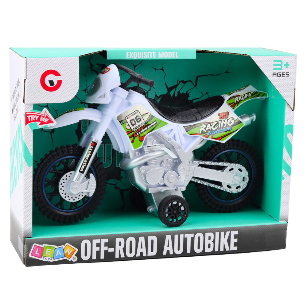 Žaislinis motokrosinis motociklas su šviesos ir garso efektais, baltas