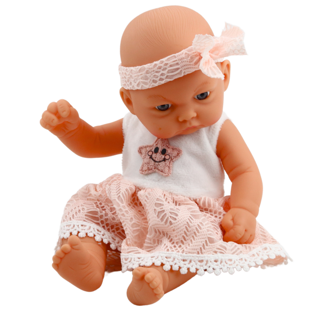 Lėlė kūdikis su rožine suknele ir galvos juosta, 24 cm 2