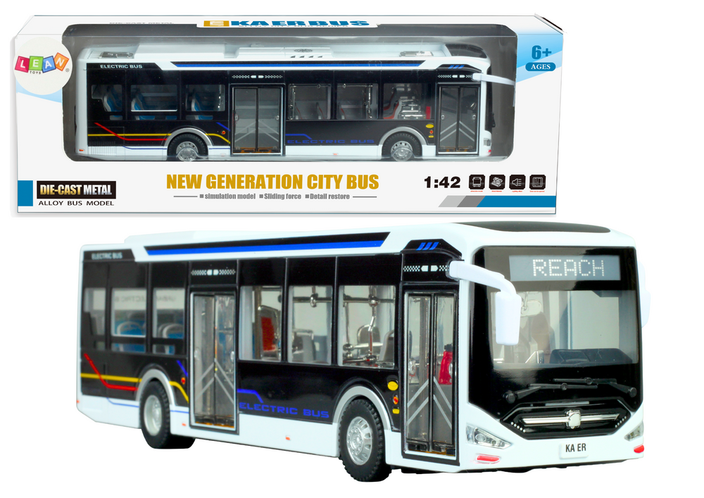 Elektrinis metalinis miesto autobuso modelis su šviesomis 1:42 masteliu
