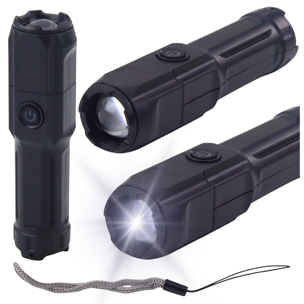 Žibintuvėlis led su reguliuojamu priartinimu ir usb įkrovimu, 3 šviesos režimai, juodas