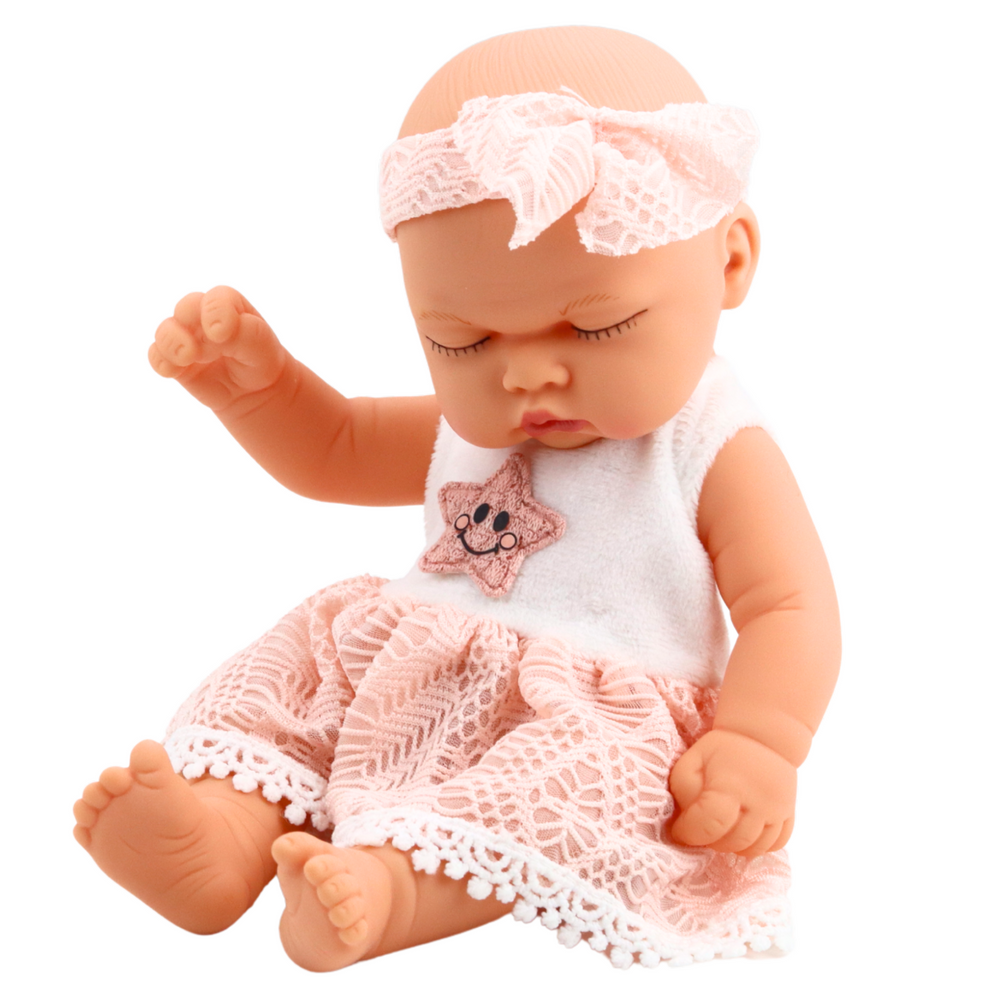 Lėlė kūdikis rožine suknele su žvaigždute ir galvos juosta, 24 cm 2