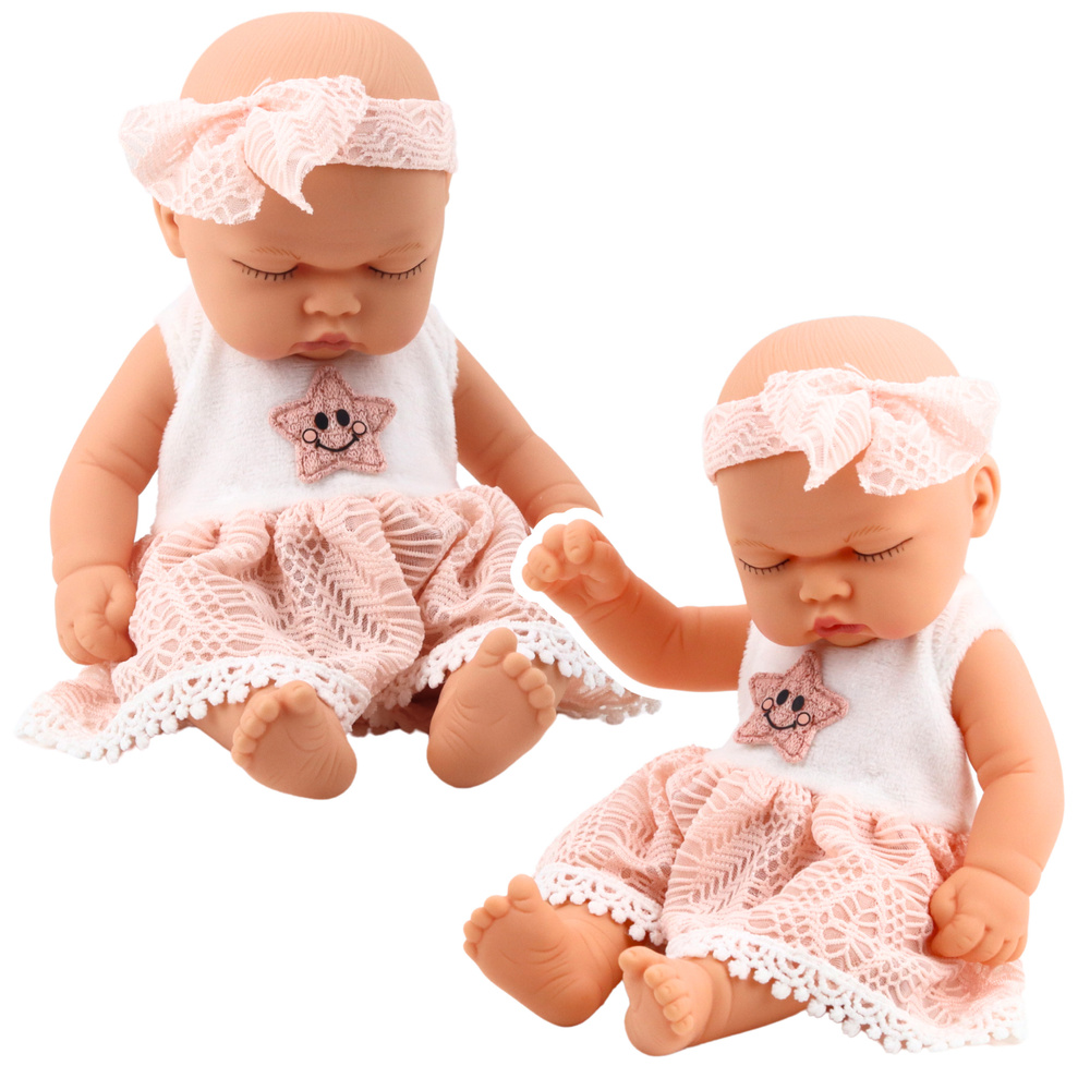 Lėlė kūdikis rožine suknele su žvaigždute ir galvos juosta, 24 cm