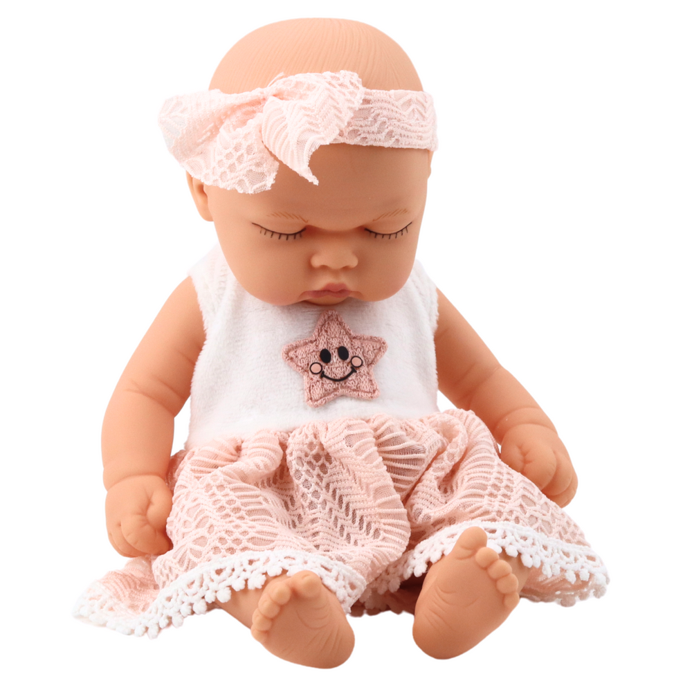 Lėlė kūdikis rožine suknele su žvaigždute ir galvos juosta, 24 cm 1