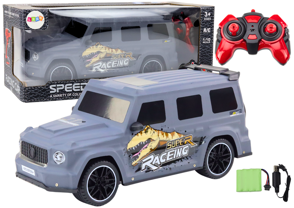 Nuotolinio valdymo automobilis su dinozauru, 1:10 mastelis, pilkas