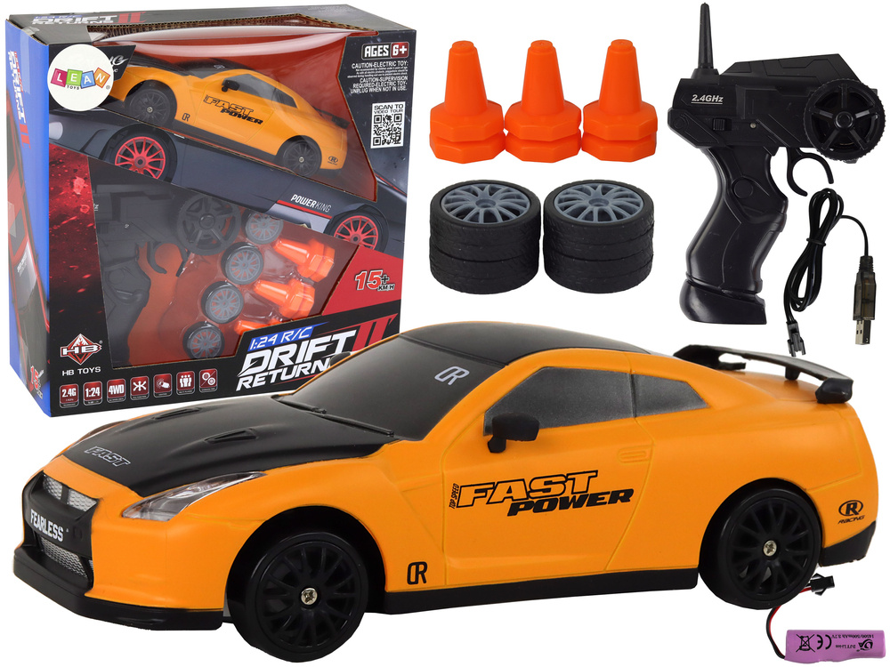 Nuotoliniu Būdu Valdomas Sportinis Automobilis R/C 1:24 Geltonas Su Keičiamais Ratais