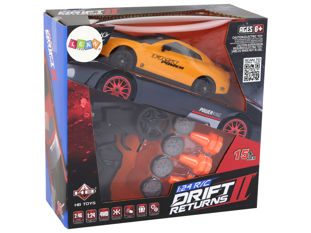Nuotoliniu būdu valdomas sportinis automobilis r/c 1:24 geltonas su keičiamais ratais