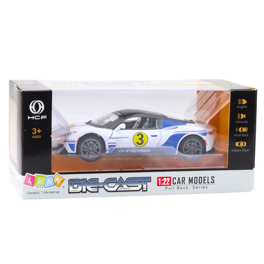 Metalinis sportinis automobilis su šviesomis, garsais, 1:22, baltas