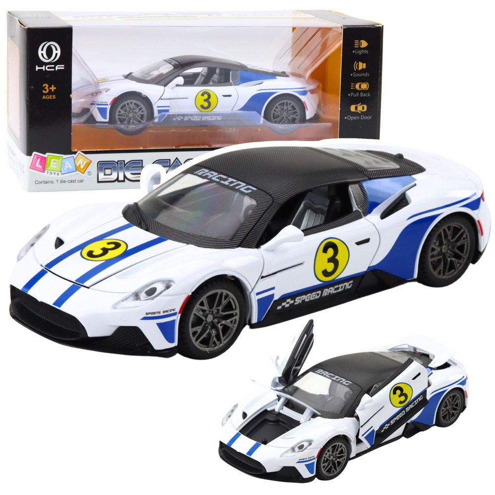 Metalinis sportinis automobilis su šviesomis, garsais, 1:22, baltas