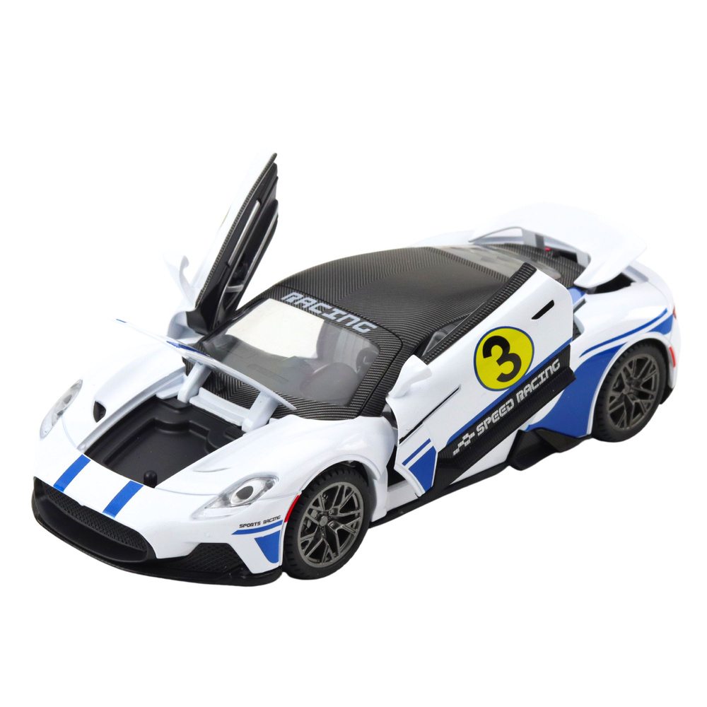 Metalinis sportinis automobilis su šviesomis, garsais, 1:22, baltas