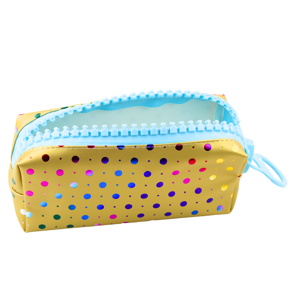 Penalas spalvoti taškeliai didelis užtrauktukas auksinis 21x8 cm