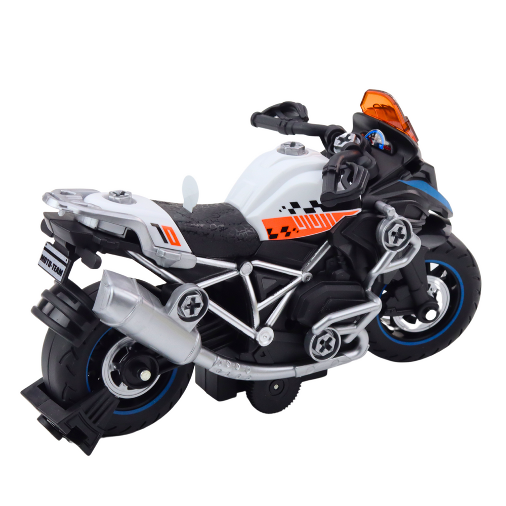 Juodas lenktyninis motociklas su šviesos ir garso efektais