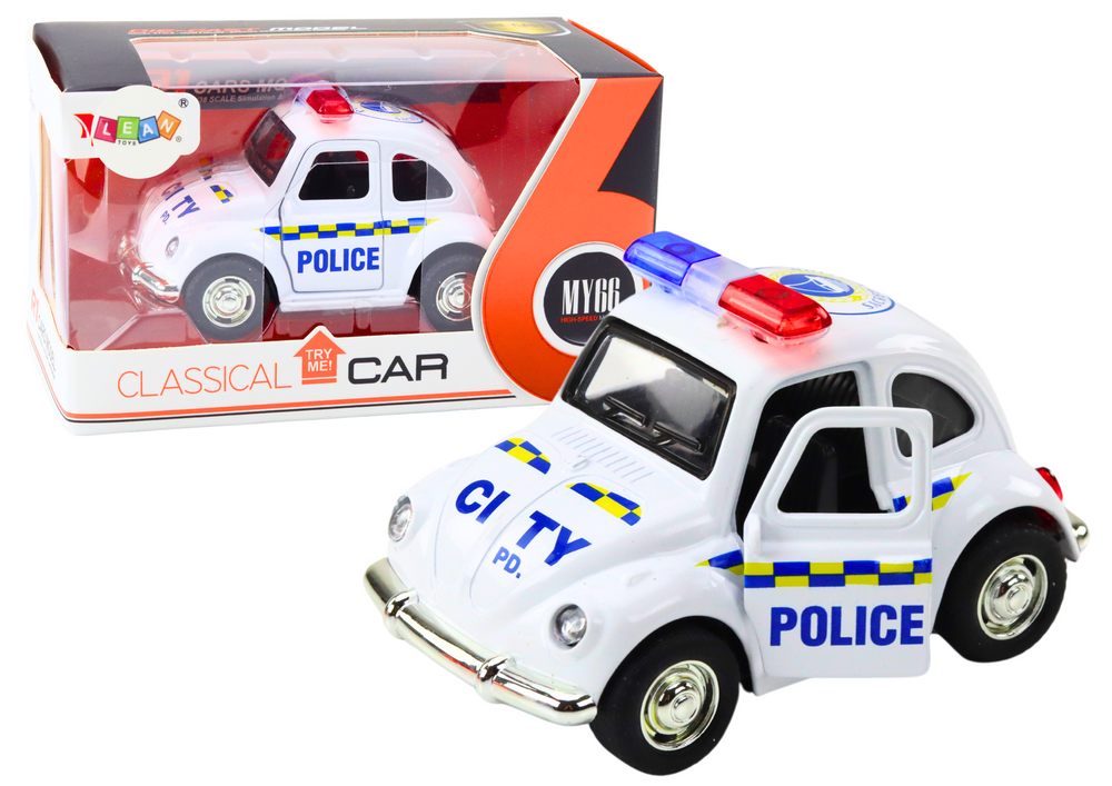 Klasikinis 1:38 mastelio policijos automobilis su šviesomis ir garsu