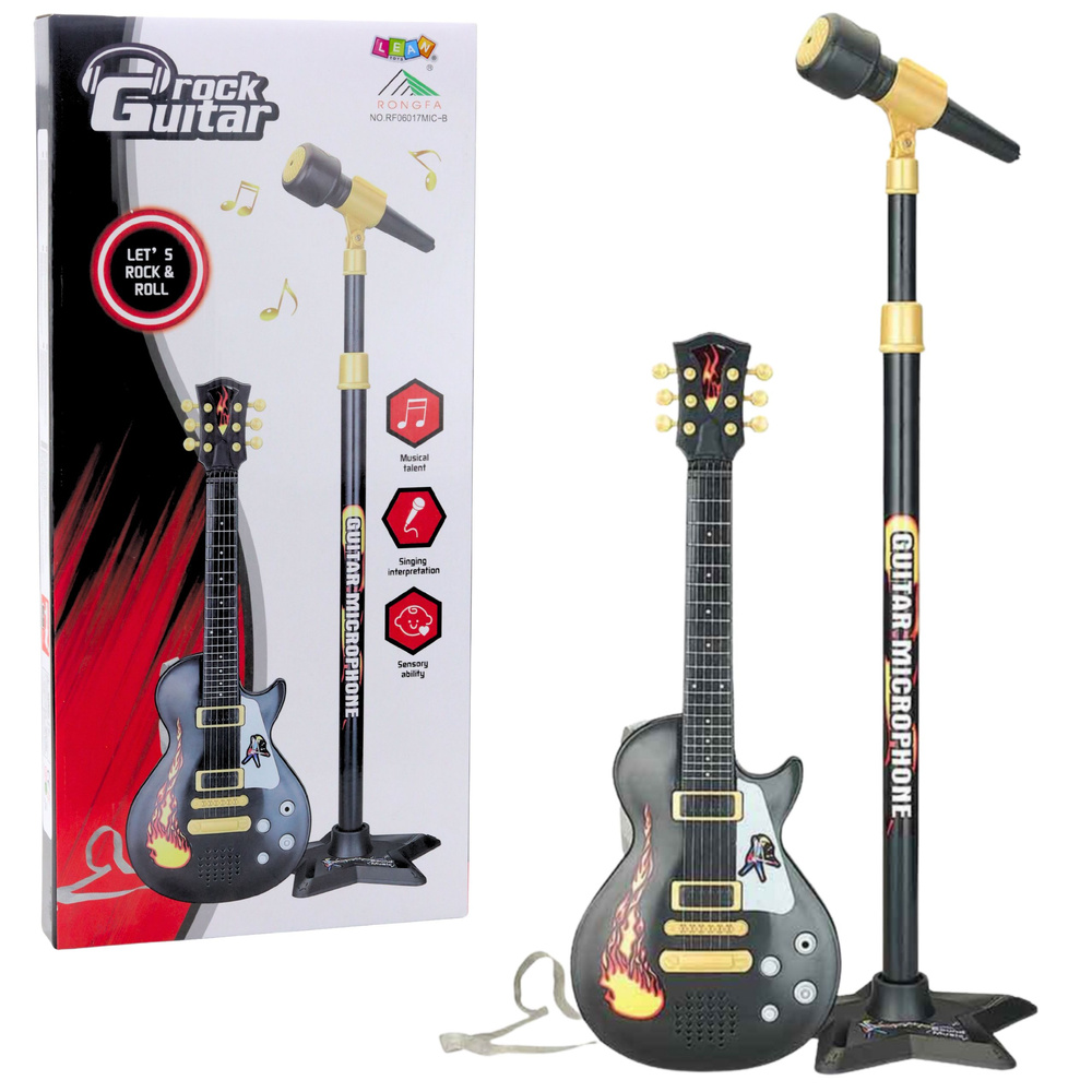 Vaikiškas muzikos rinkinys su gitara ir mikrofonu ant stovo