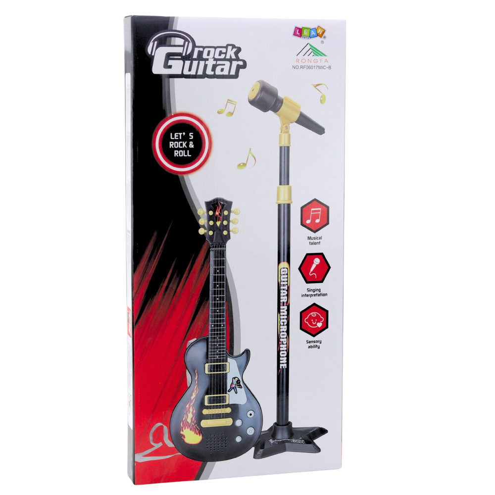 Vaikiškas muzikos rinkinys su gitara ir mikrofonu ant stovo