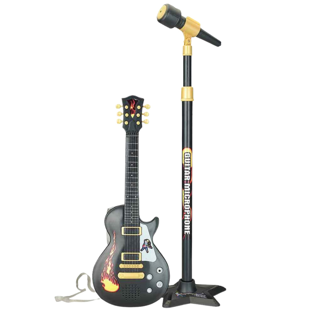Vaikiškas muzikos rinkinys su gitara ir mikrofonu ant stovo
